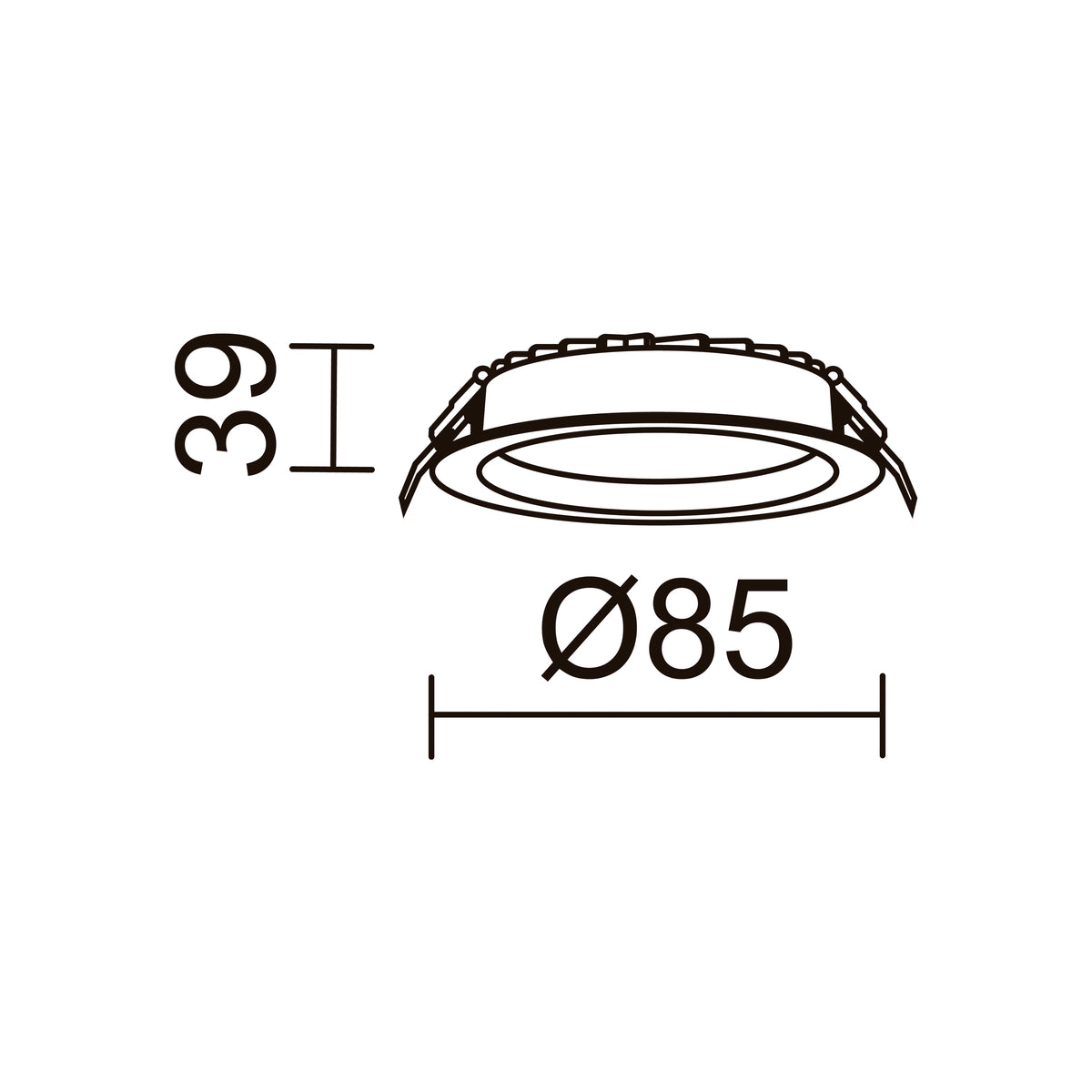 Schéma de dimensions du spot, diamètre 85 mm et hauteur 31 mm