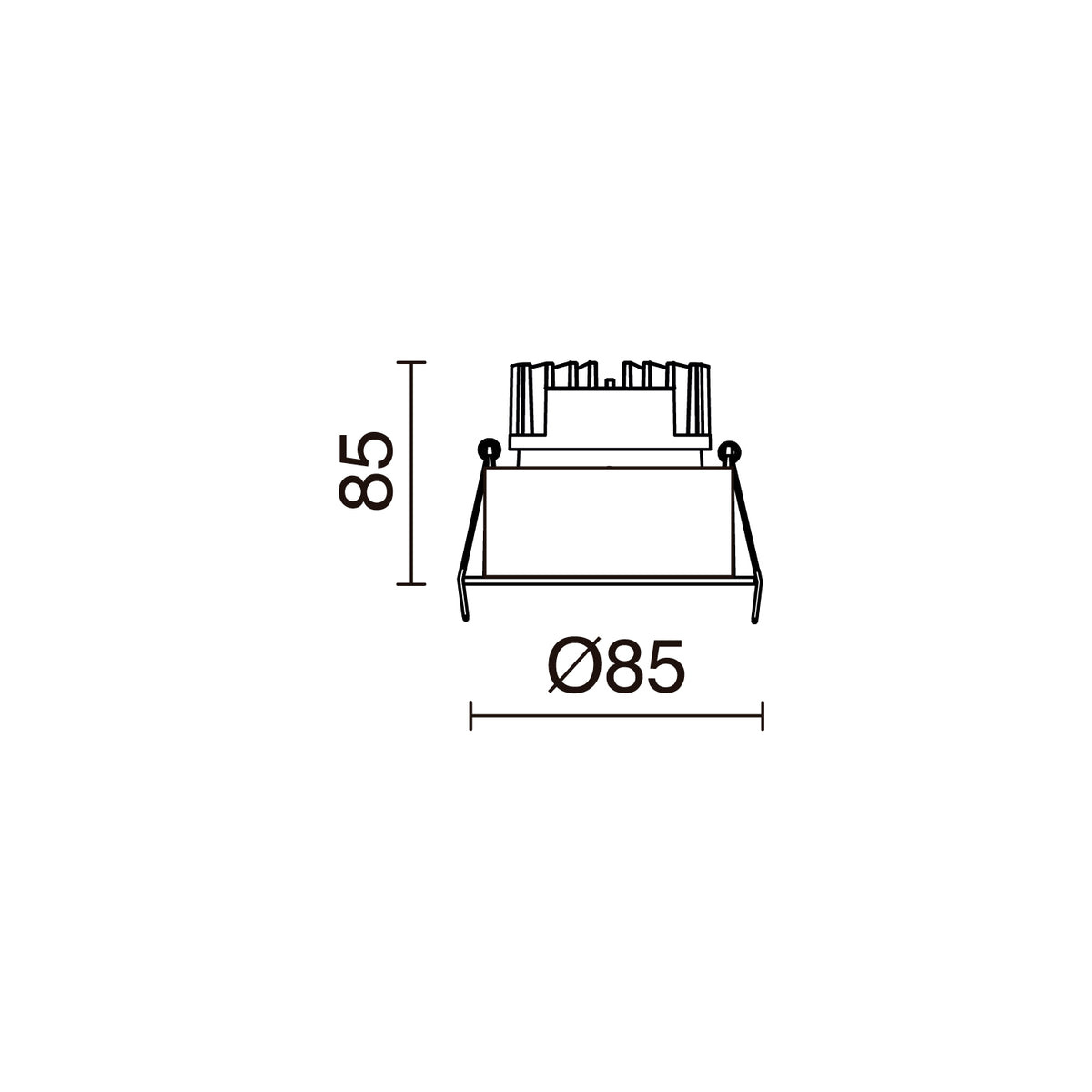 Schéma de dimensions du spot rond avec diamètre 85 mm et hauteur 85 mm.