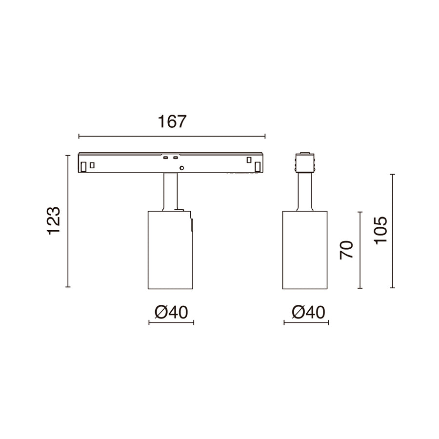 Schéma de dimensions du spot : longueur 167 mm, hauteur 123 mm et diamètre 40 mm.