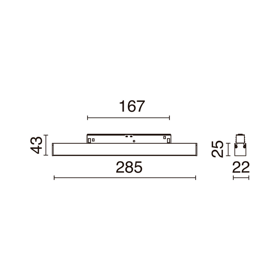 Schéma technique coté : longueur 285 mm, largeur 43 mm et hauteur 25 mm.
