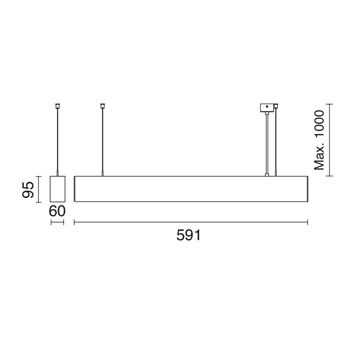 Schéma de dimensions du luminaire : longueur 591 mm, hauteur 95 mm, suspension max 1000 mm.