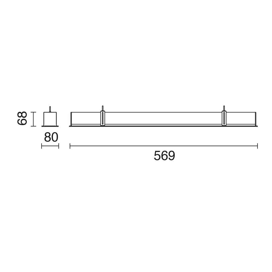 Schéma technique coté du luminaire avec longueur 569, largeur 80 et hauteur 68 mm.