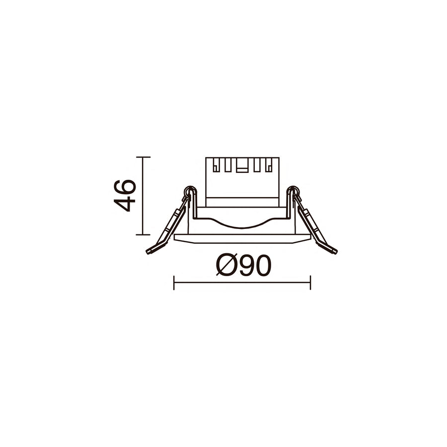 Schéma de dimensions du spot rond : diamètre 90 mm et hauteur 46 mm