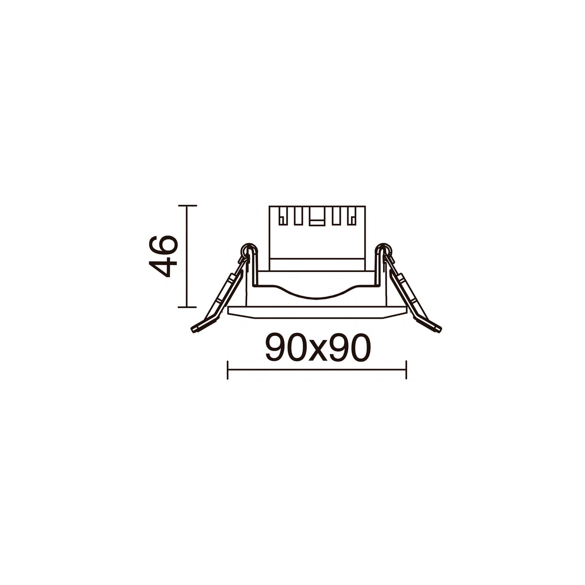 Schéma coté du spot carré avec dimensions 90 x 90 mm et hauteur 46 mm.