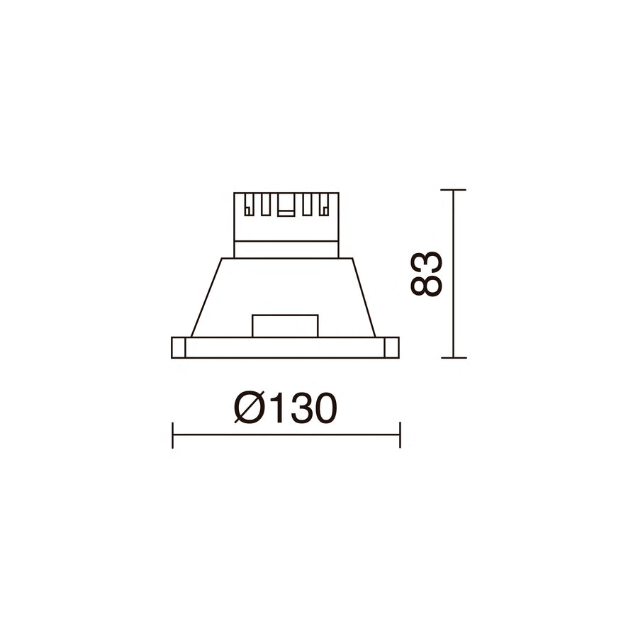 Schéma technique coté du spot rond : diamètre 130 mm et hauteur 83 mm.