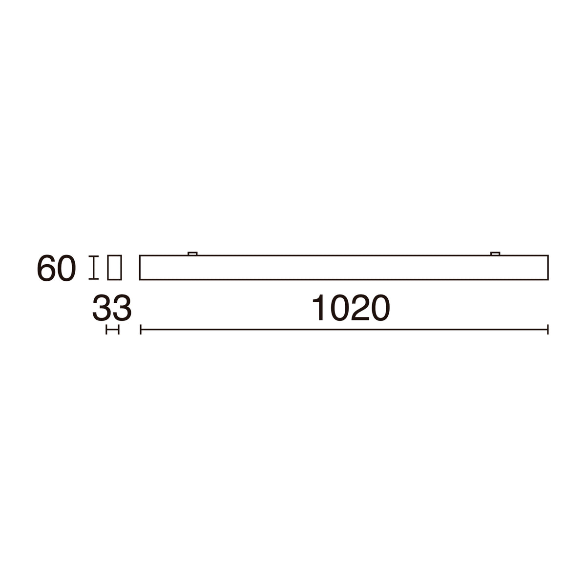 Schéma coté du luminaire : longueur 1020 mm, largeur 60 mm, hauteur 33 mm.
