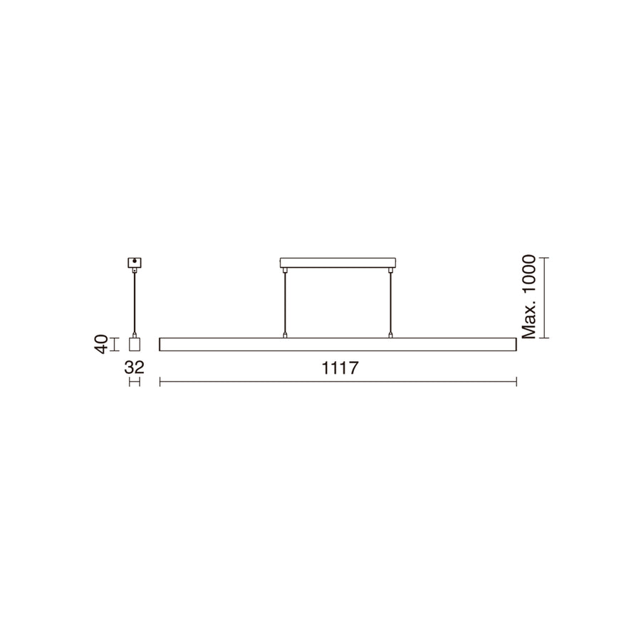 Schéma coté : longueur 1117 mm, largeur 32 mm, hauteur 40 mm, suspension réglable jusqu'à 1000 mm.