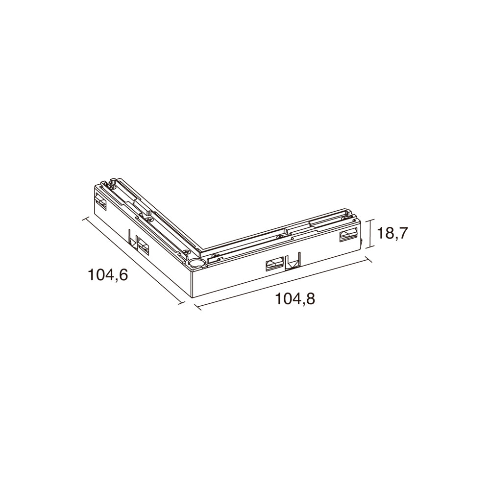 Schéma coté du raccord en L : 104,6 x 104,8 x 18,7 mm.