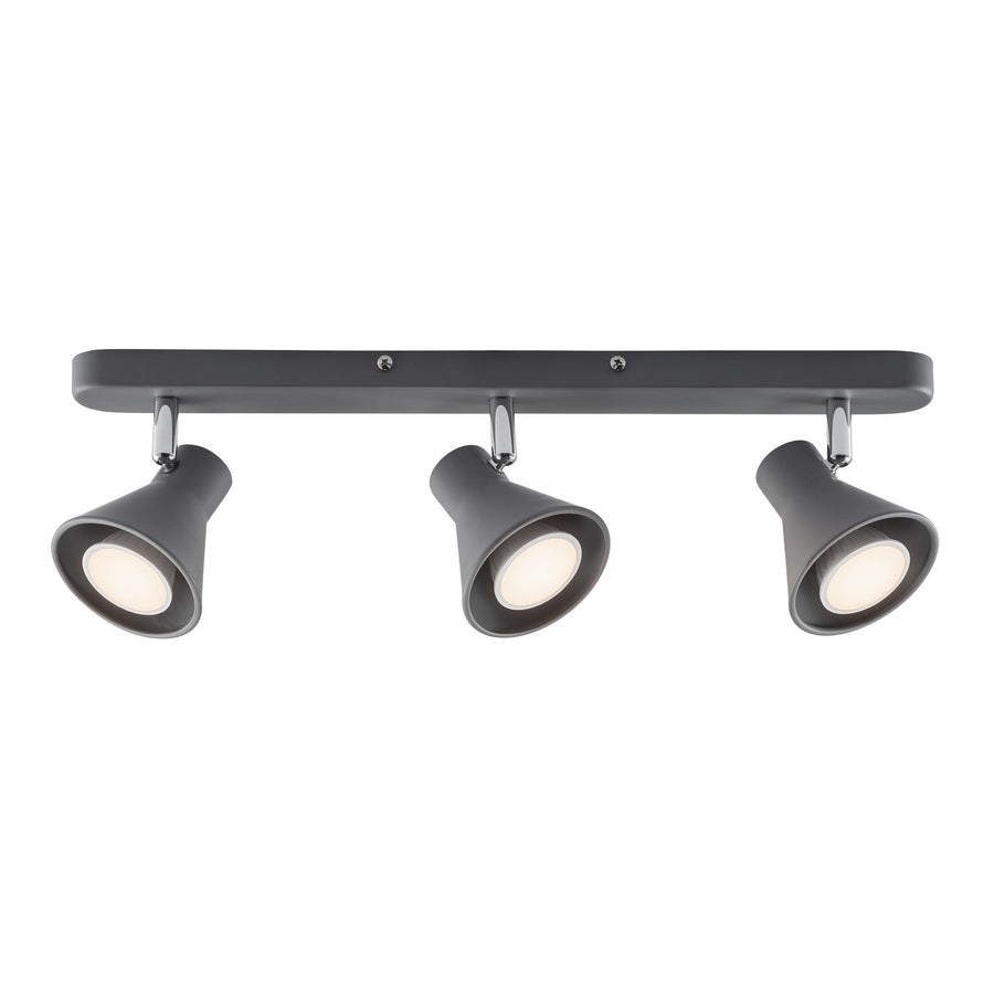 Version grise du plafonnier à trois spots orientables, présentée de face sur fond neutre.