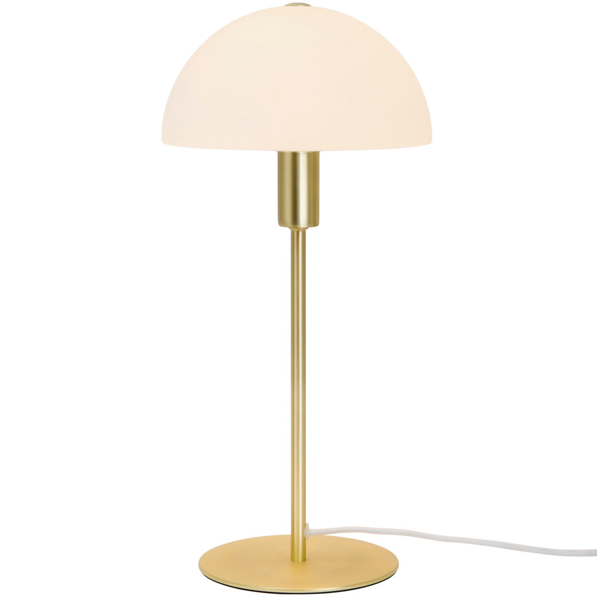Lampe à poser de face avec abat-jour bombé en verre et pied en laiton.