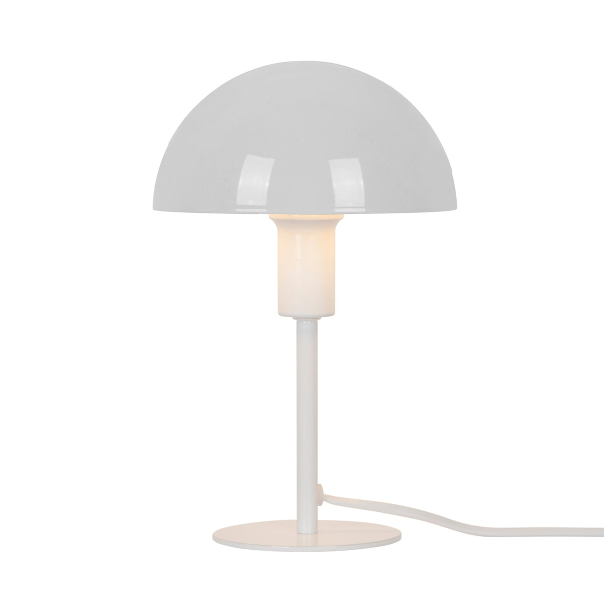 Lampe à poser blanche de face, abat-jour dôme laqué et tige fine