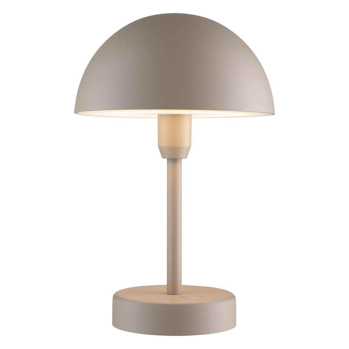 Vue de face du luminaire nomade beige avec abat-jour dôme et socle rond.