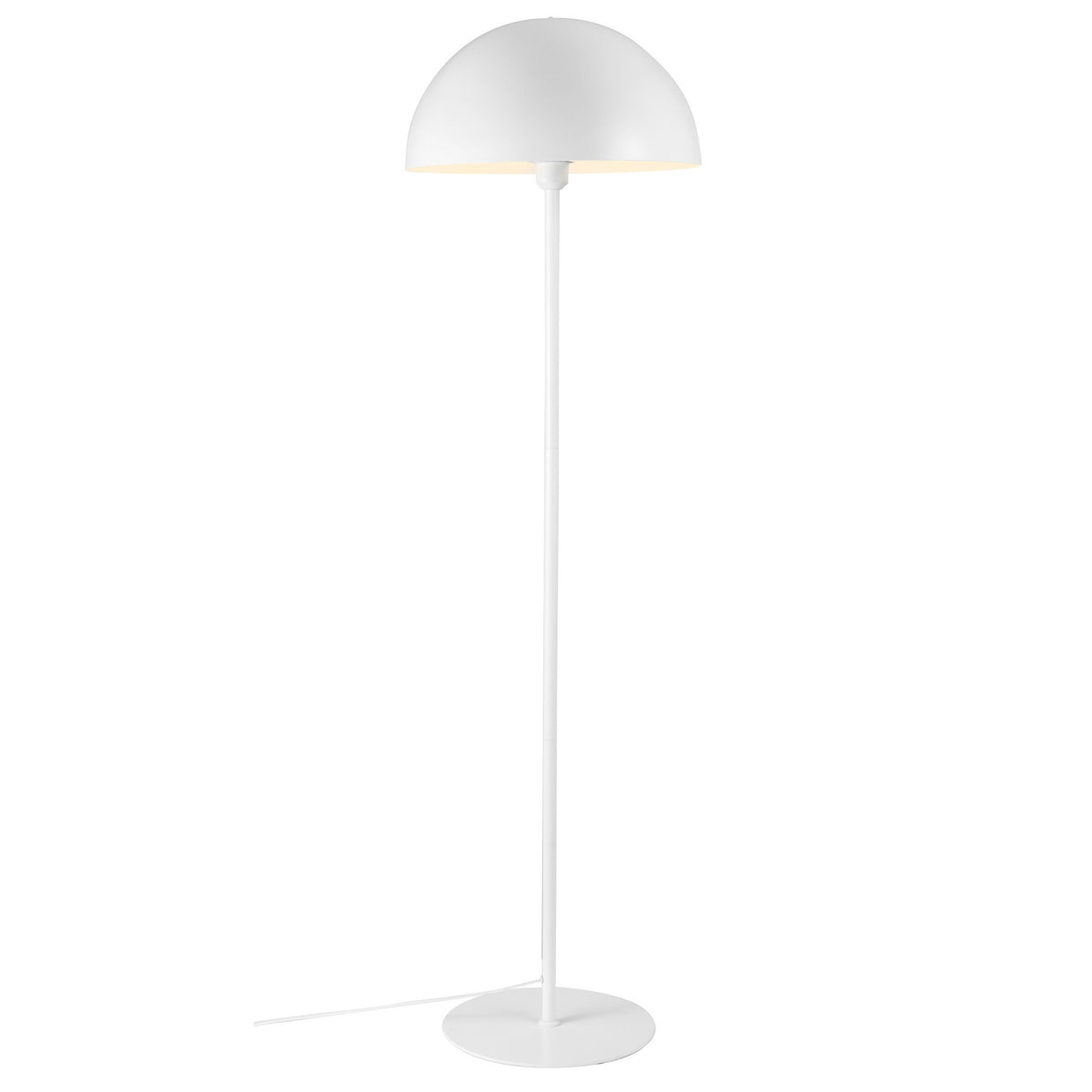 Lampadaire blanc de face sur fond blanc, abat-jour demi-sphère et pied fin