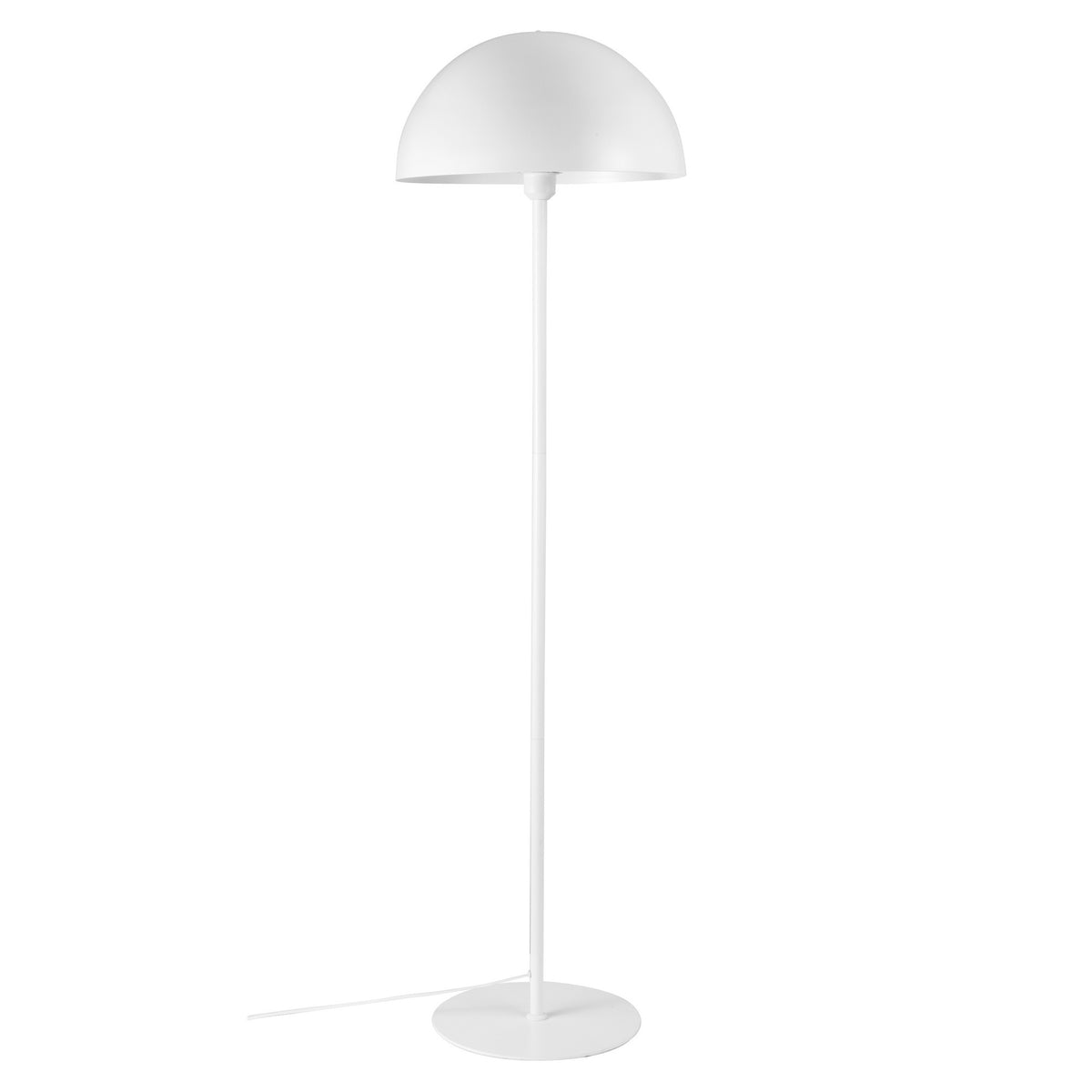 Vue de trois quarts du lampadaire blanc, socle rond et câble visible