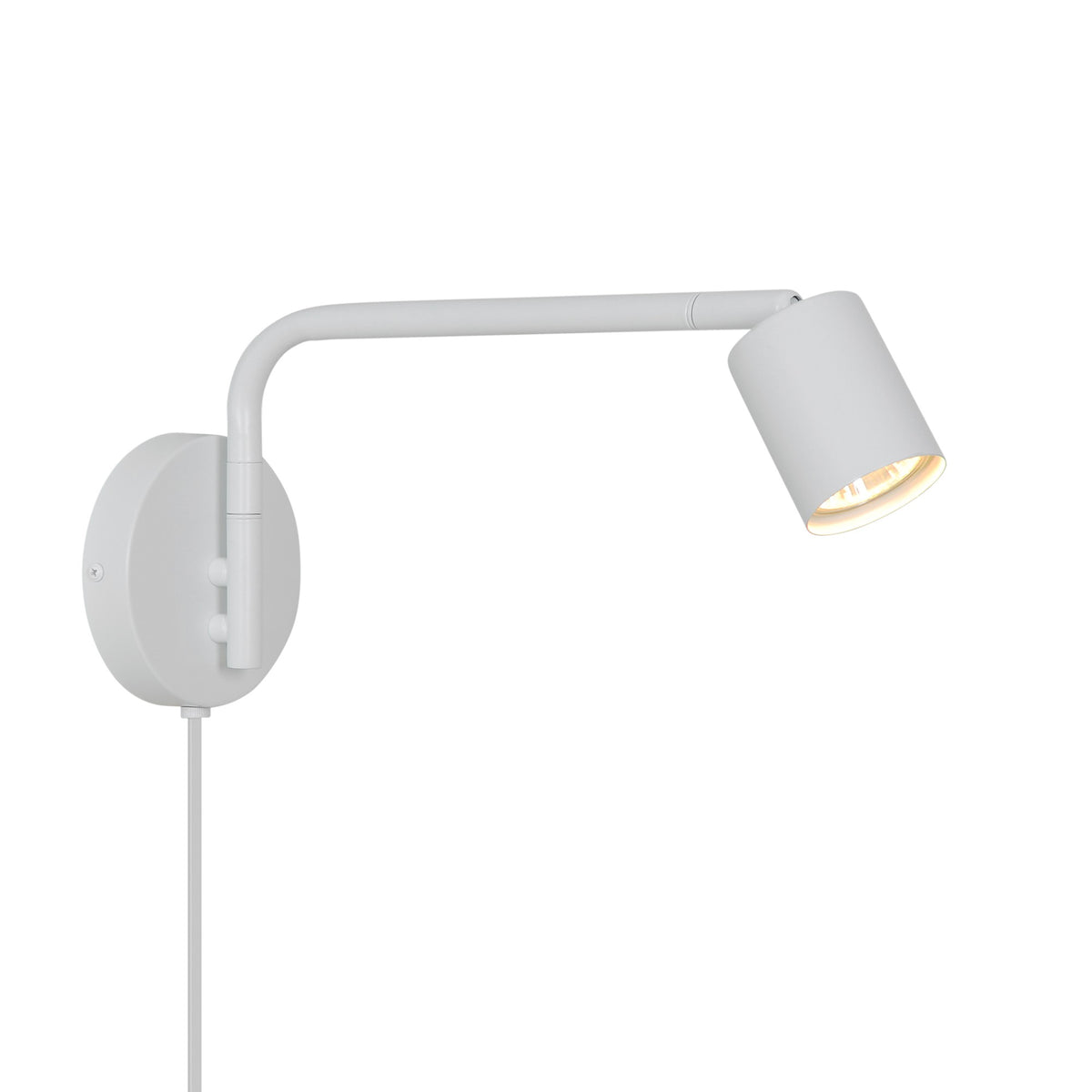 Applique murale blanche de profil, bras articulé horizontal et tête cylindrique orientée vers le bas