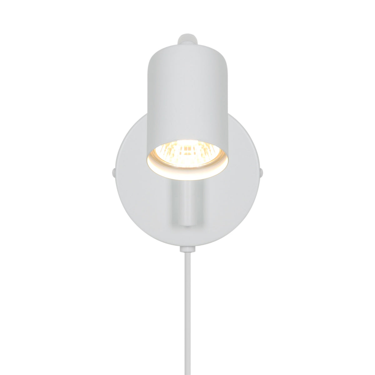 Vue de face du luminaire montrant la tête cylindrique éclairée et sa platine ronde