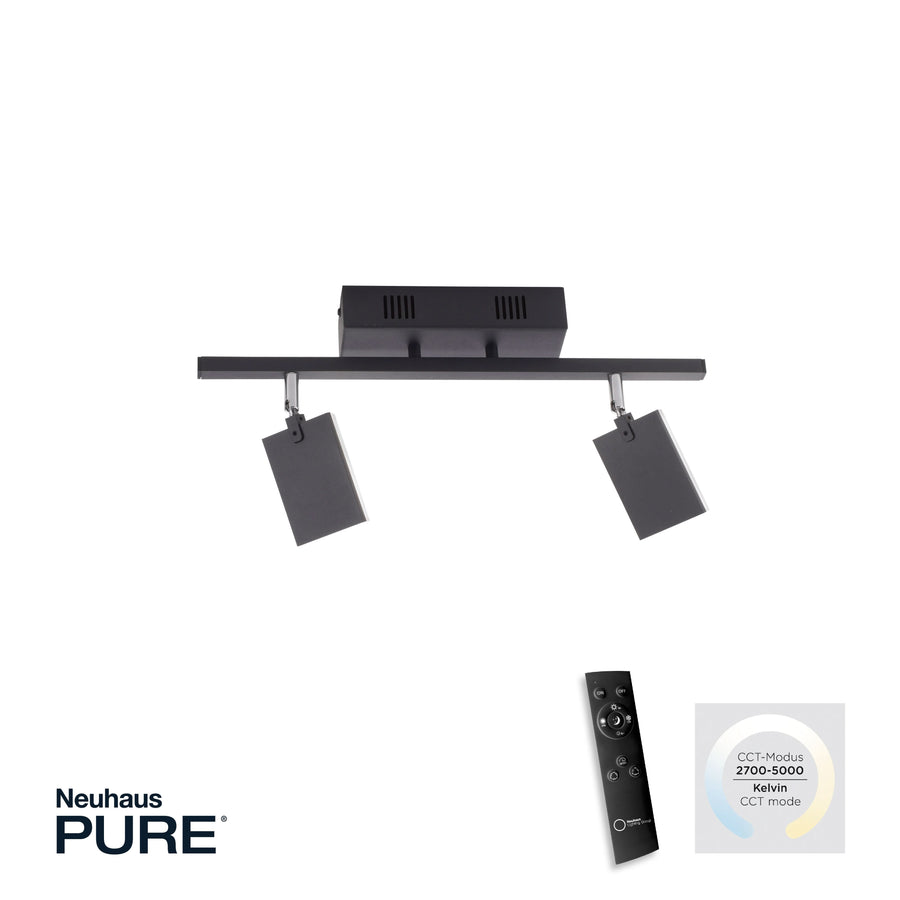 Plafonnier noir présenté avec télécommande et indication de température de couleur