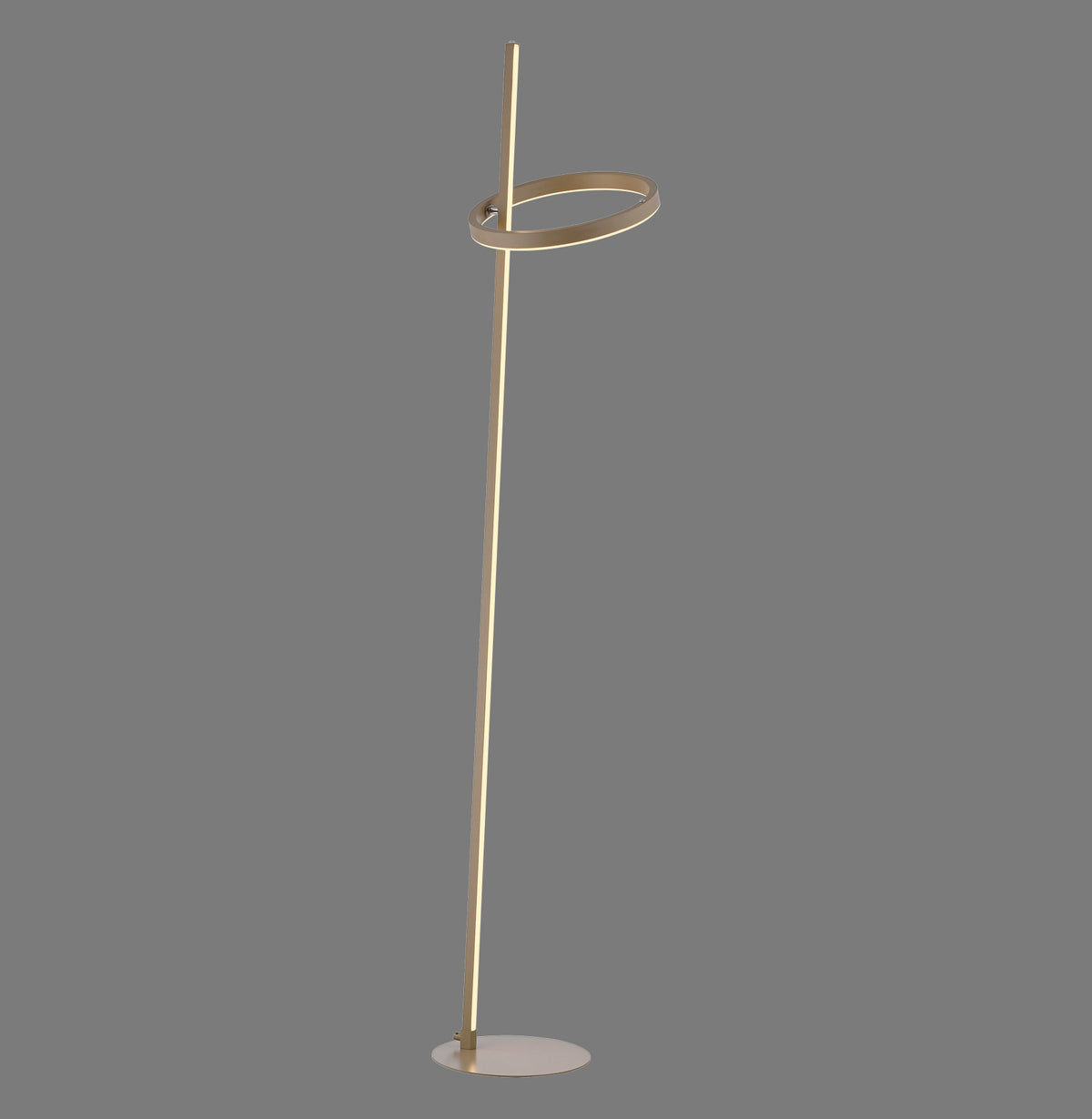 Lampadaire complet debout sur socle rond, tige fine et anneau lumineux, fond gris.