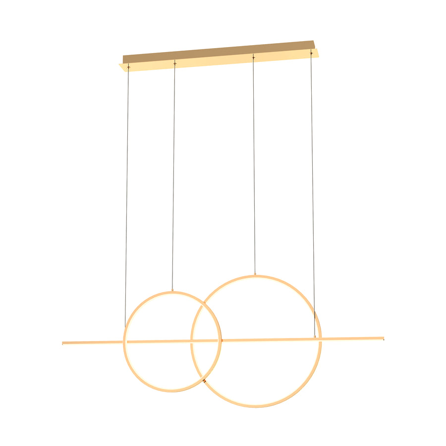 Suspension dorée sur fond blanc, anneaux entrelacés et barre horizontale fine