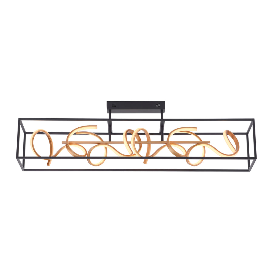 Face du luminaire sur fond blanc, cadre métal noir et volutes dorées bien visibles