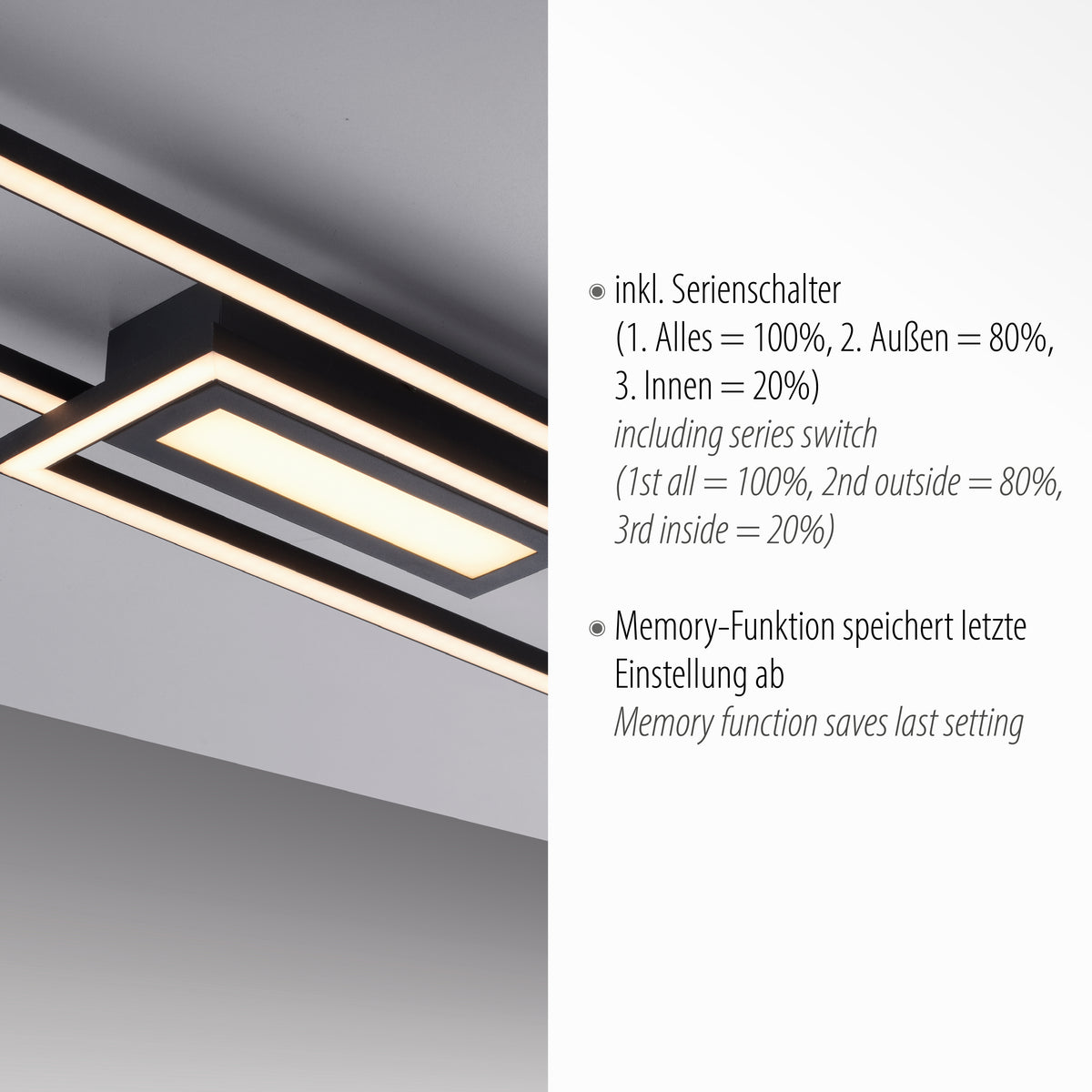 Détail du plafonnier avec texte sur variateur et mémoire, cadre noir et LED.