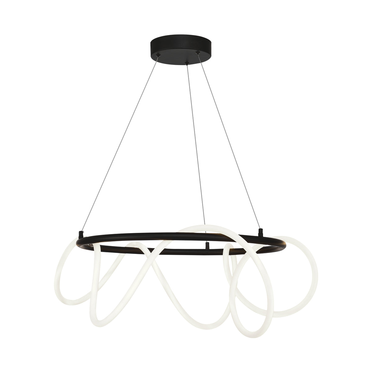 Suspension noire présentée de face avec ses boucles lumineuses blanches entrelacées