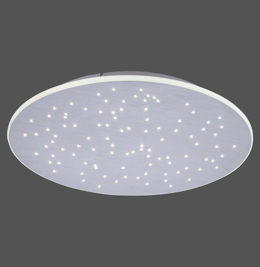 Plafonnier ovale en aluminium brossé vu de face, semis de points LED scintillants