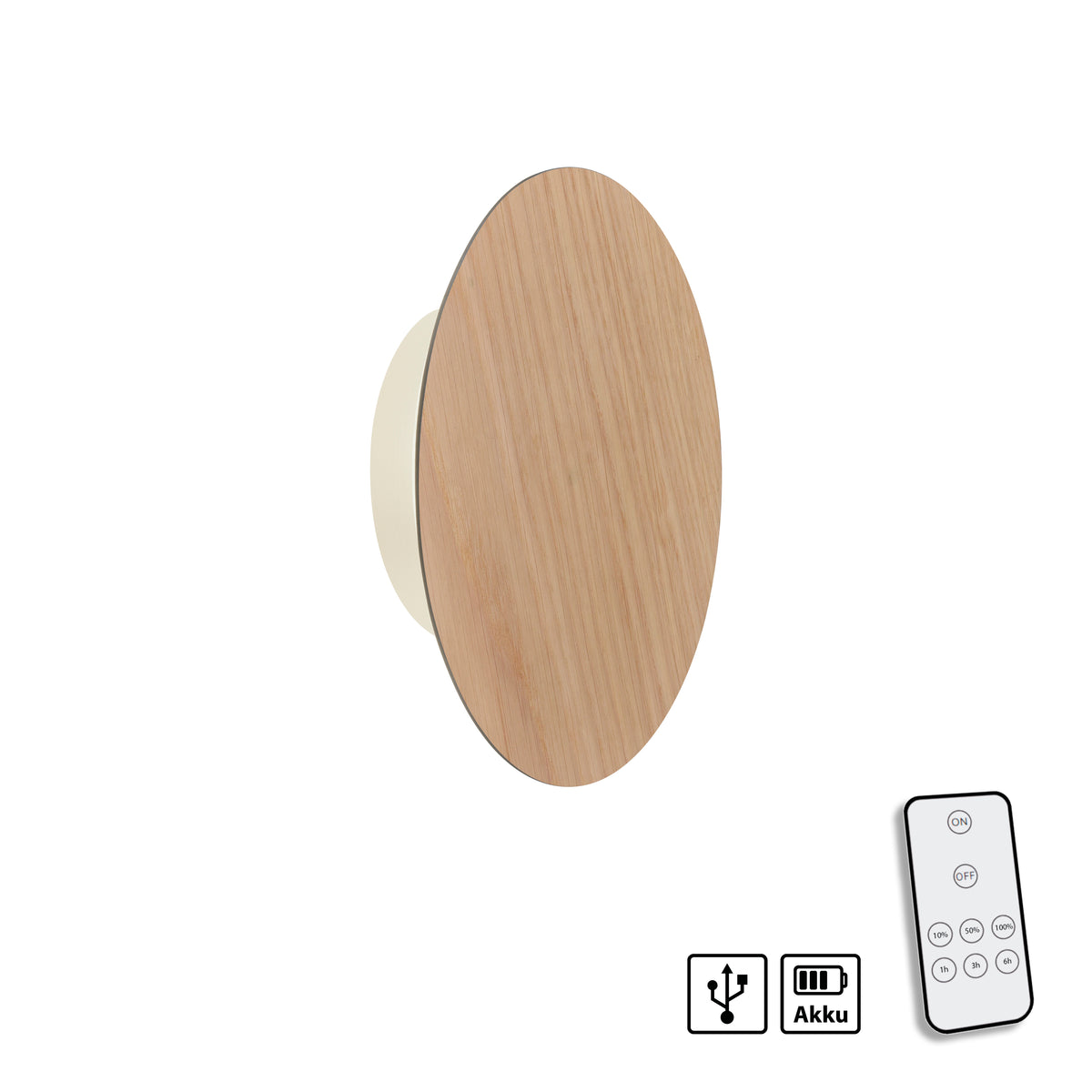 Luminaire présenté avec télécommande, icônes USB et batterie rechargeable