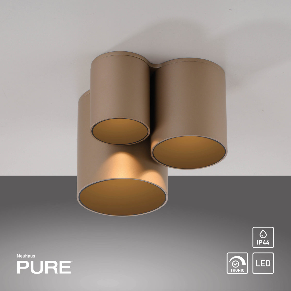 Vue de dessous du luminaire fixé au plafond, avec pictogrammes IP44 et LED.