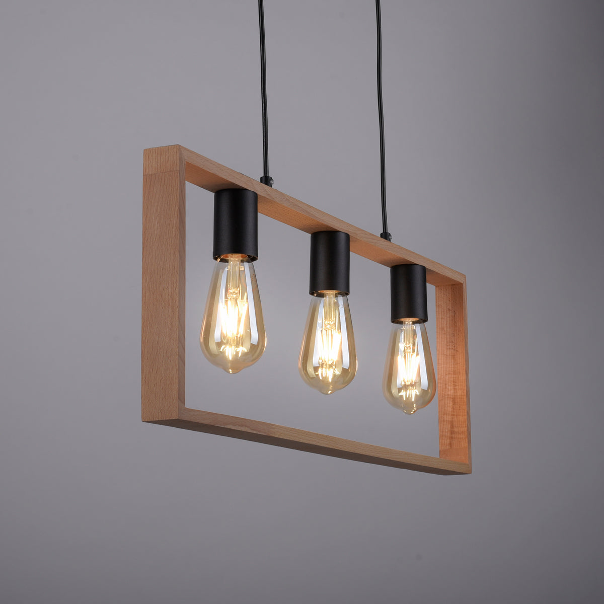 Suspension Franky 3 lumières noire et bois