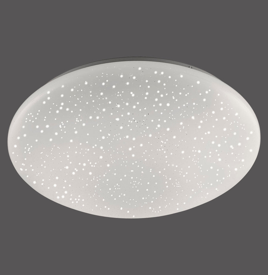 Vue de face du plafonnier ovale blanc avec diffuseur étoilé allumé.