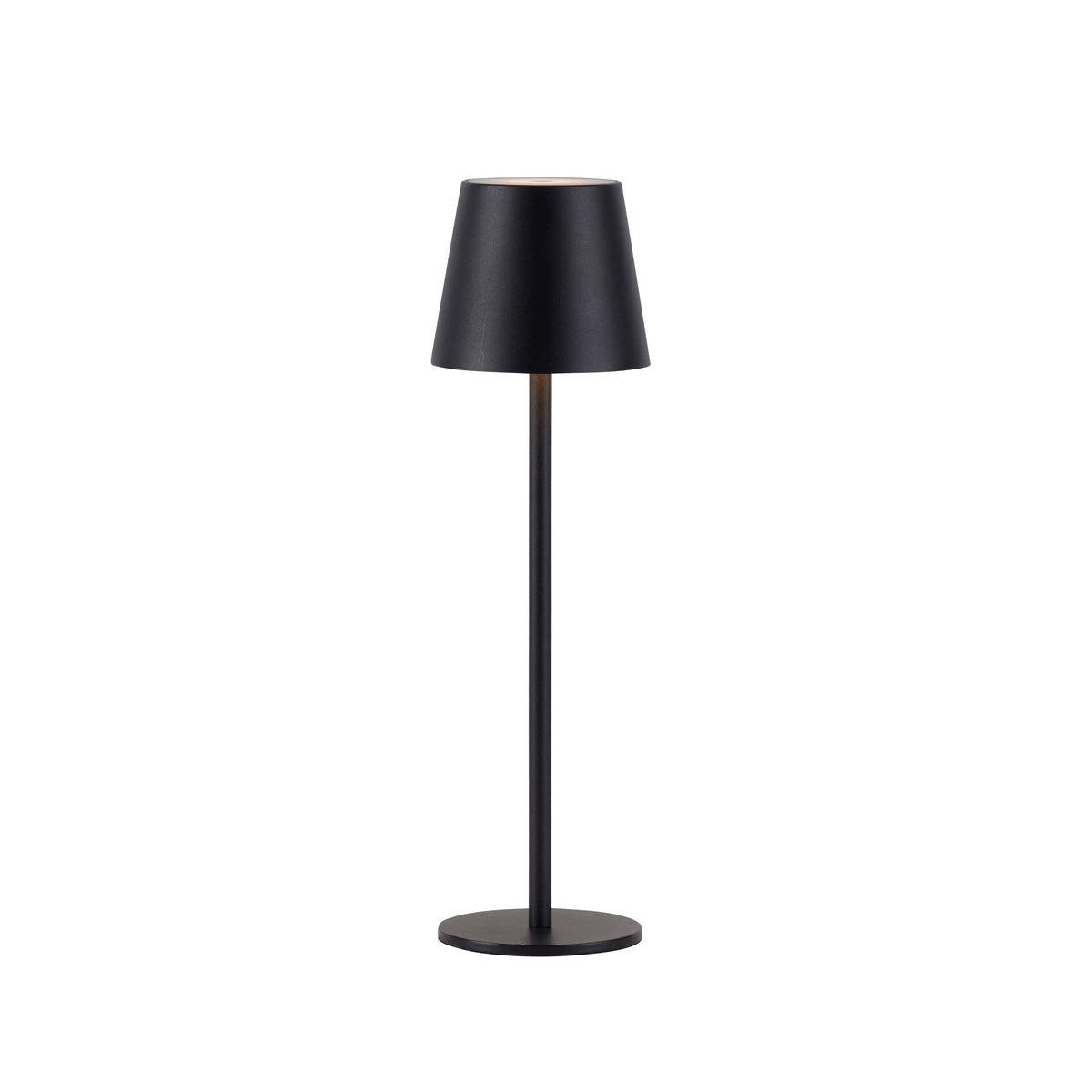 Lampe à poser noire de face avec abat-jour conique et base ronde