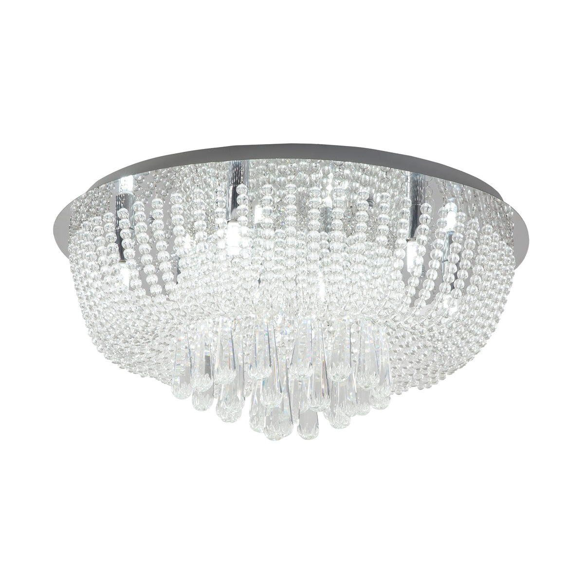 Luminaire plafonnier rond en verre clair avec perles et gouttes, monture chromée.