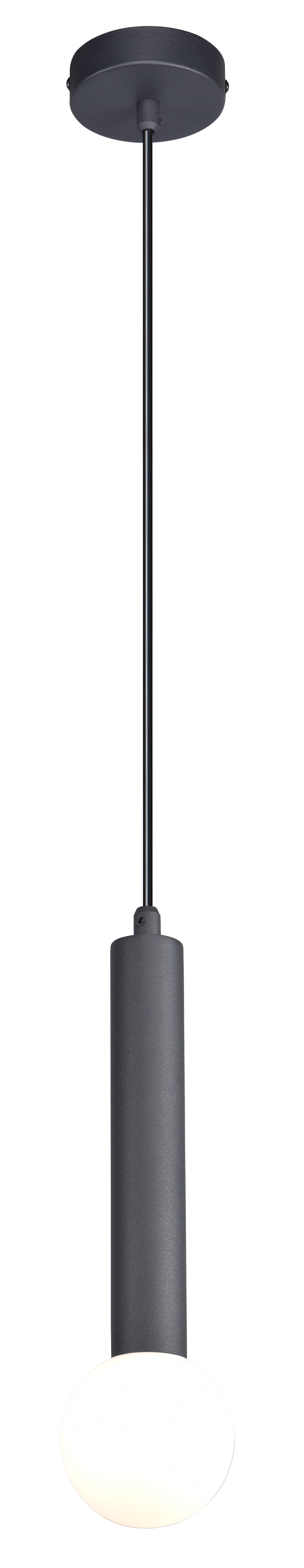 Suspension noire vue de face, long tube cylindrique et diffuseur sphérique en verre opale