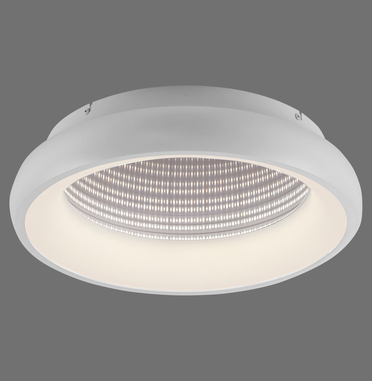 Vue de face du plafonnier rond blanc montrant la bague LED centrale sur fond gris.