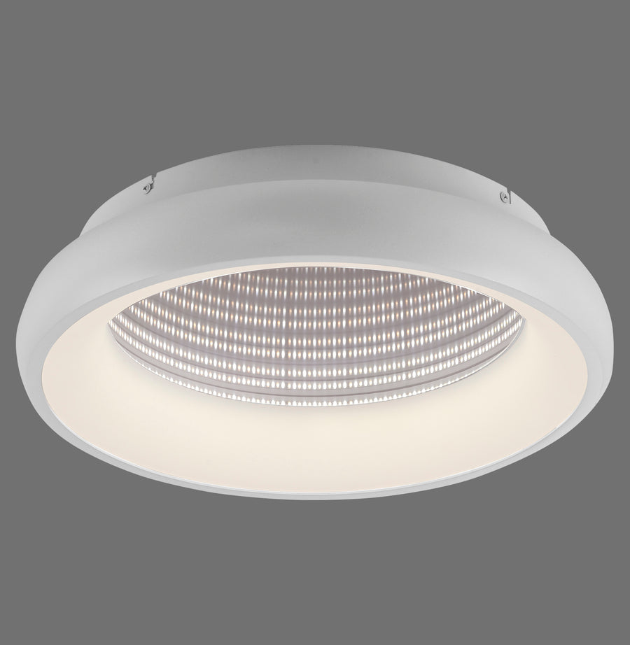 Vue de face du plafonnier rond blanc montrant la bague LED centrale sur fond gris.