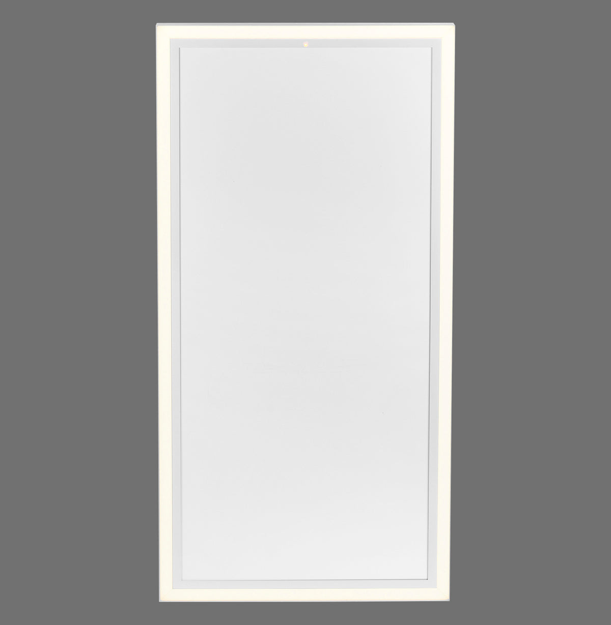 Panneau chauffant mural blanc rectangulaire, cadre lumineux allumé, vu de face sur fond gris.