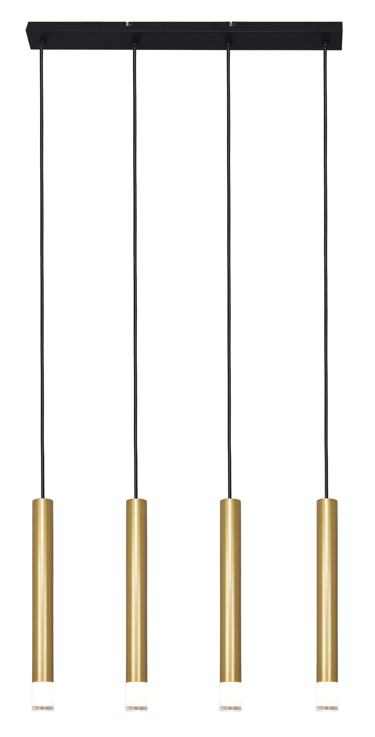 Suspension quatre lumières dorées et noires, vue de face sur fond blanc.