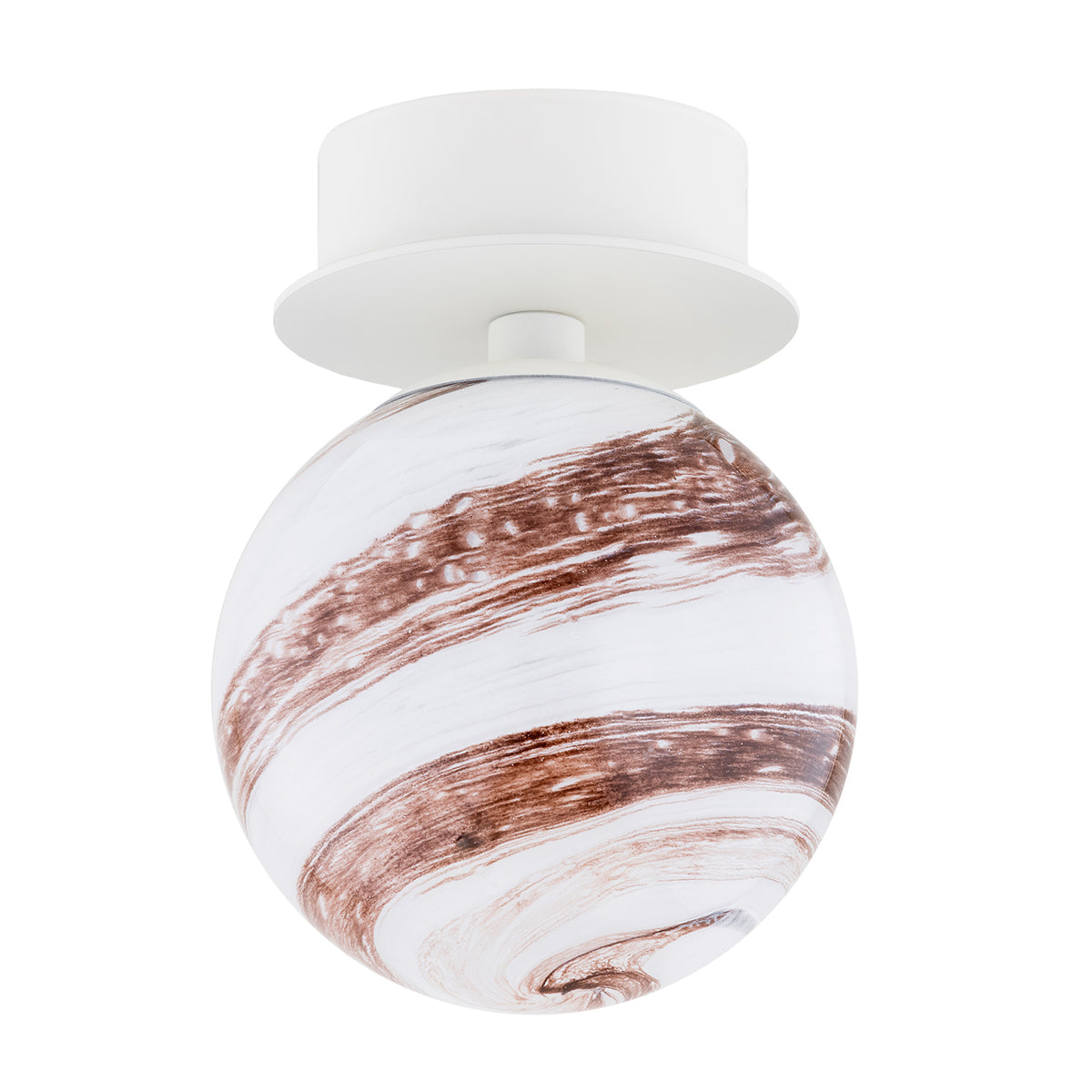 Vue plongeante de l'applique blanche avec verre globulaire marbré blanc et brun.