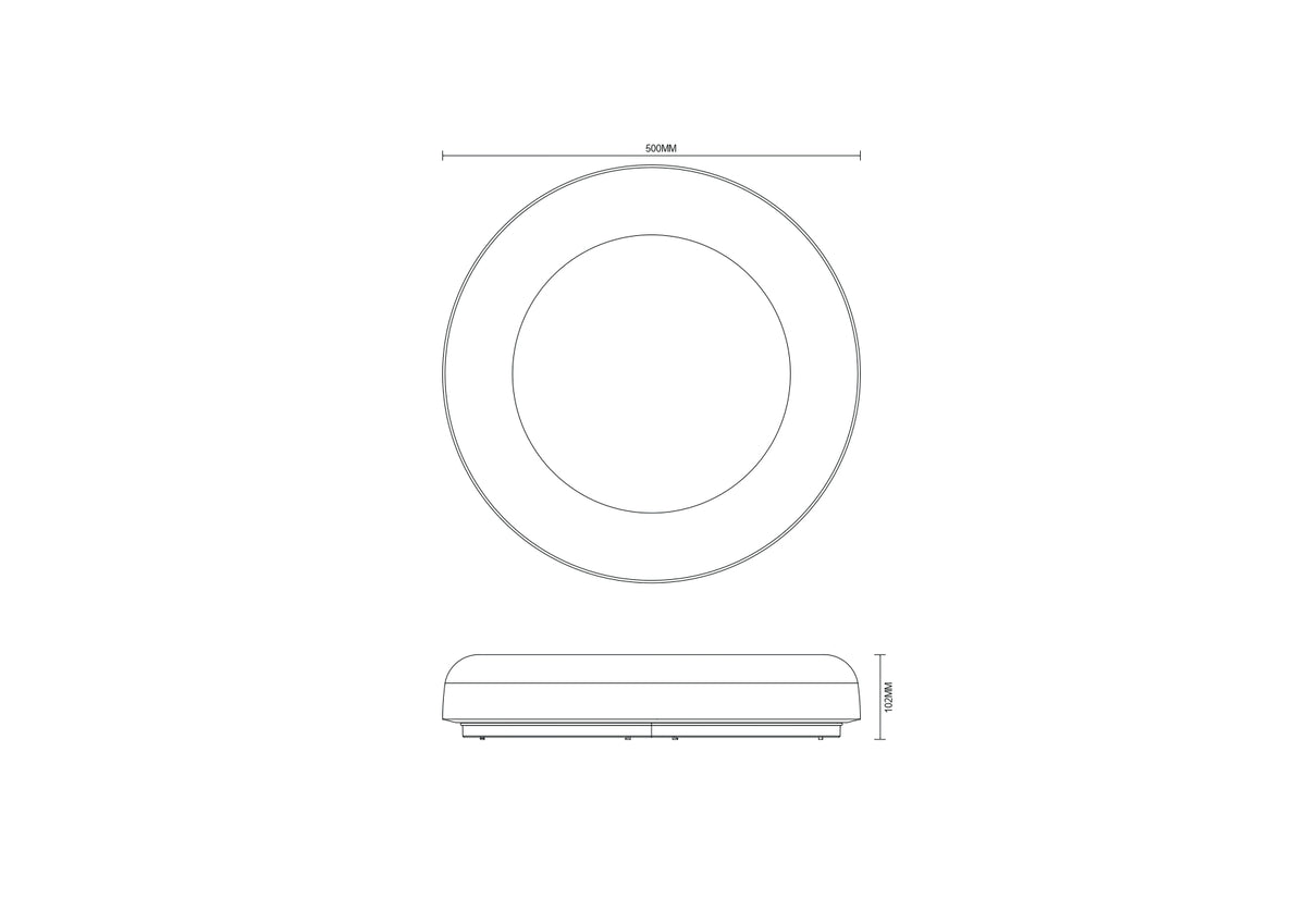 Plan technique du plafonnier indiquant un diamètre de 500 mm et une hauteur de 100 mm.