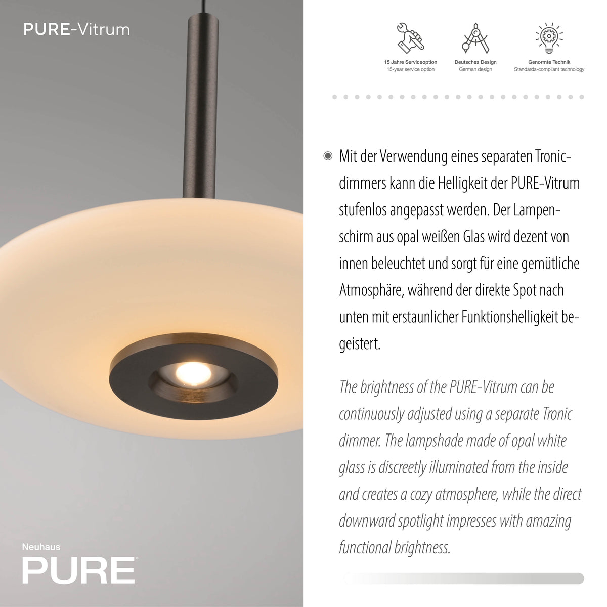 Détail rapproché du diffuseur en verre opalin et du spot central orienté vers le bas