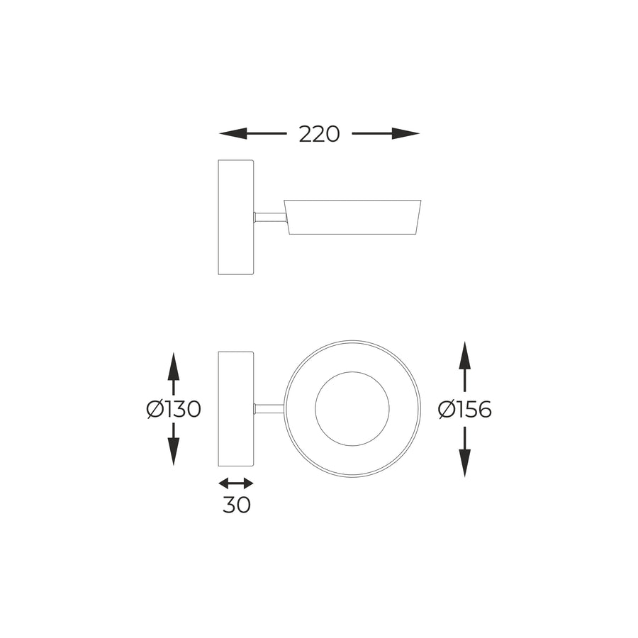 Schéma de dimensions avec largeur 220 mm, rosace Ø130 mm et abat-jour Ø156 mm.