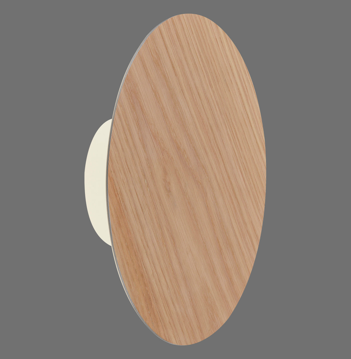 Vue de face de l'applique murale ronde en bois clair avec sa fixation beige.