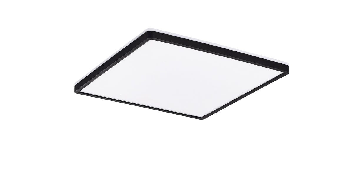 Plafonnier carré vu de trois quarts, cadre fin noir et diffuseur blanc opalin.