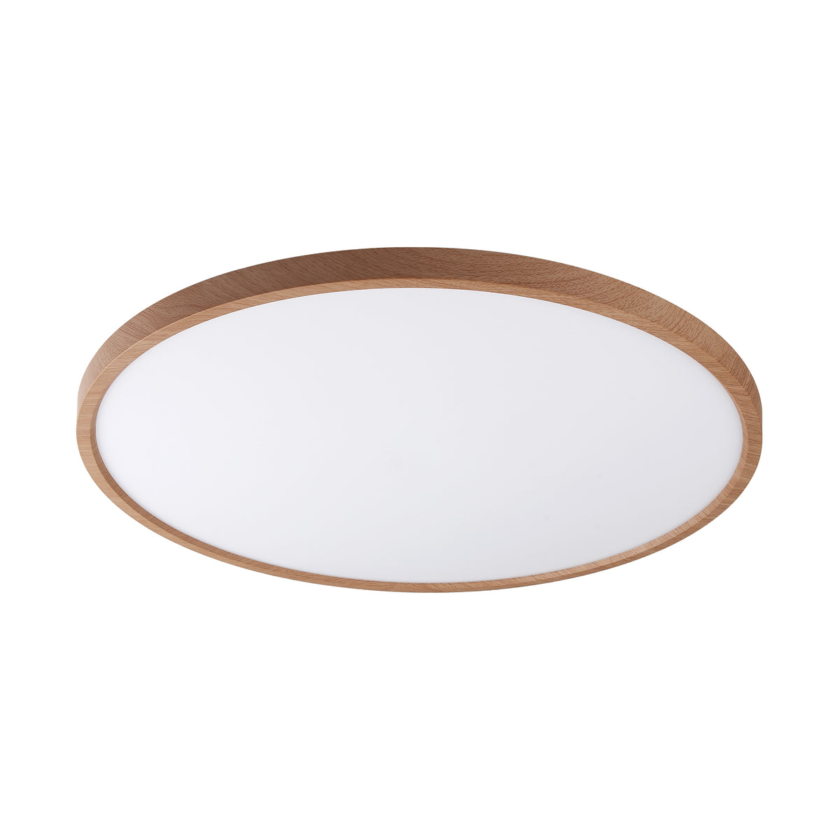 Vue de face du plafonnier rond, cerclage bois et vasque blanche uniforme