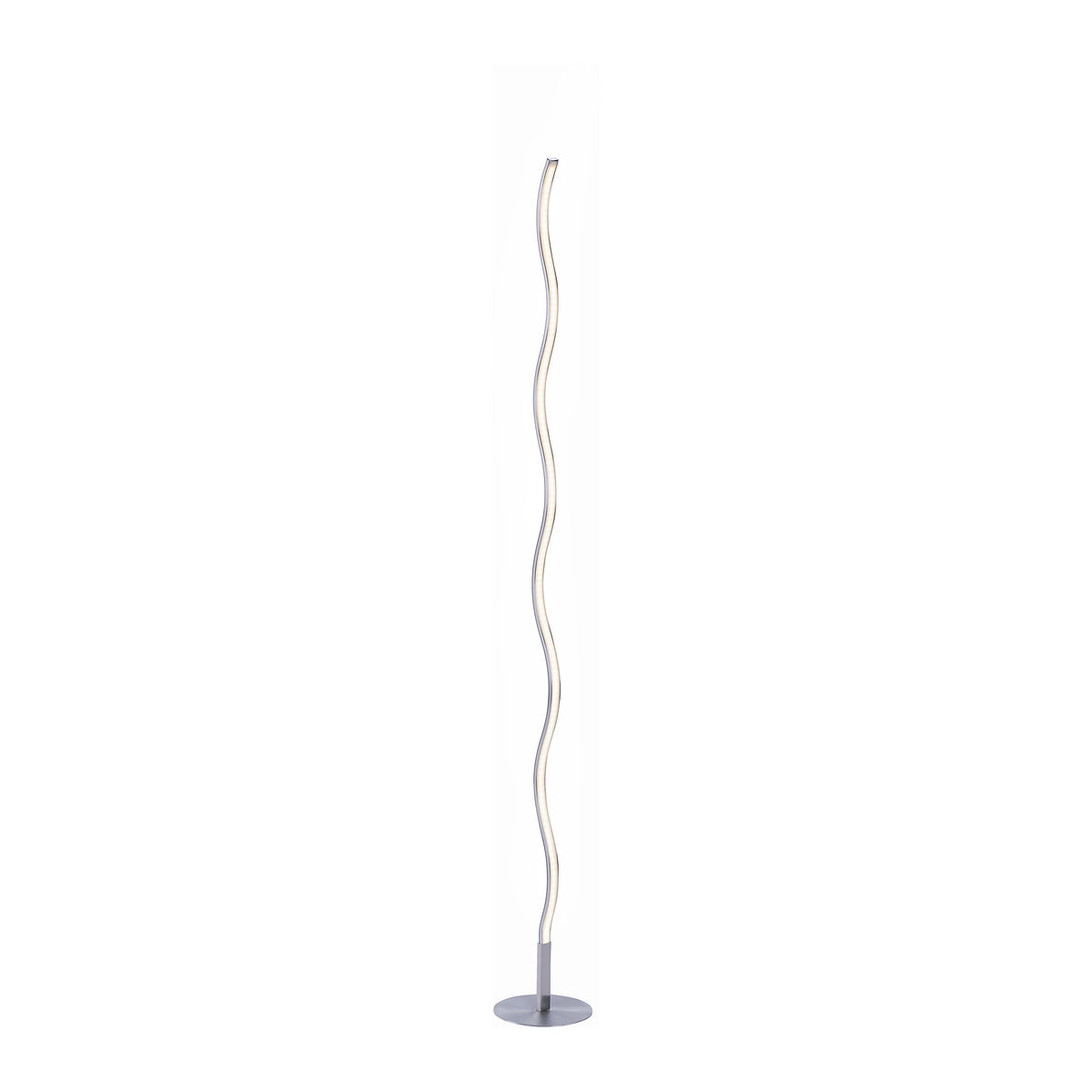 Vue de face du lampadaire argenté sur fond blanc, socle plat circulaire bien visible.