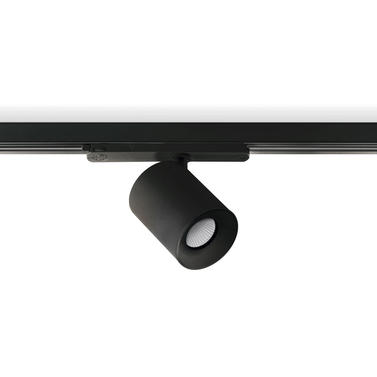 Version noire du spot sur rail, inclinée, avec lentille LED visible.