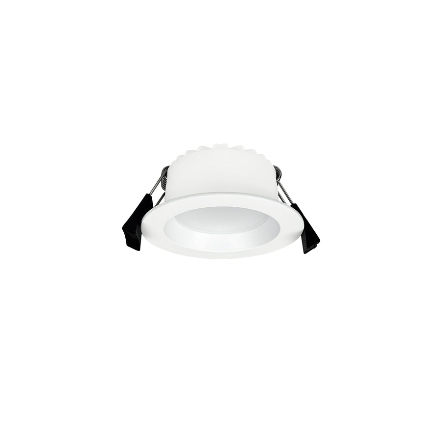 Spot encastrable blanc avec ressorts de fixation, vu de face sur fond blanc
