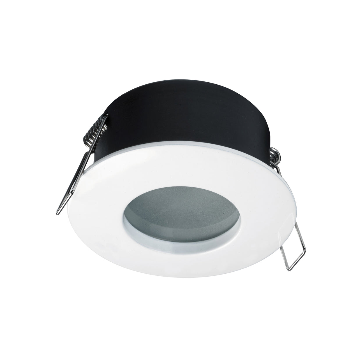 Vue de trois quarts du spot encastrable rond blanc avec collerette et ressorts