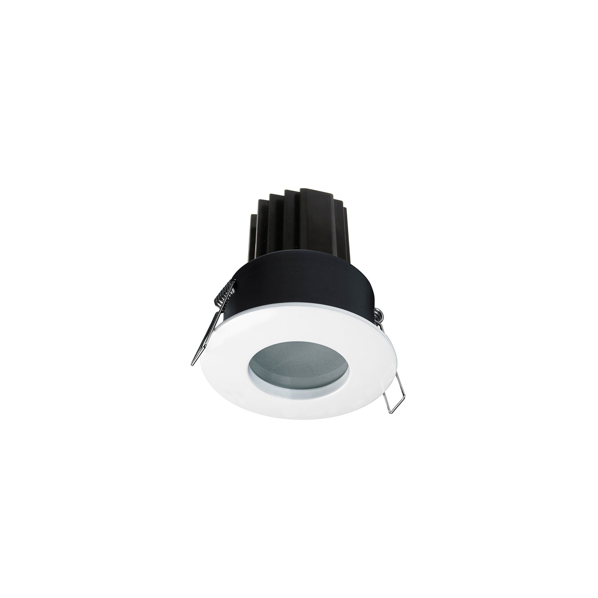 Spot LED encastrable rond, collerette blanche et dissipateur noir, vu de trois quarts